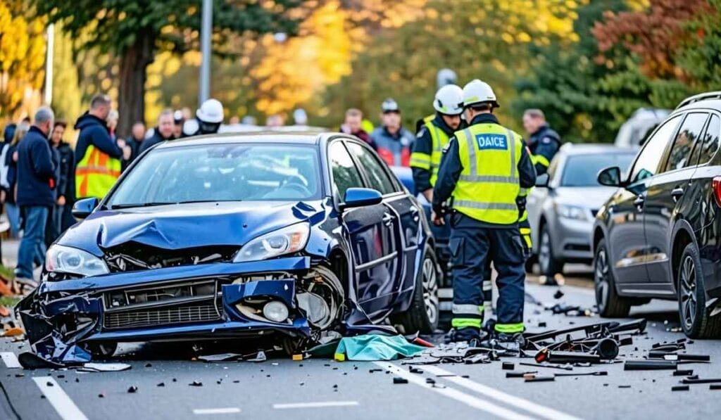 Scene of a car accident on a street with emergency responders and bystanders around a heavily damaged blue car. Debris is scattered on the road.