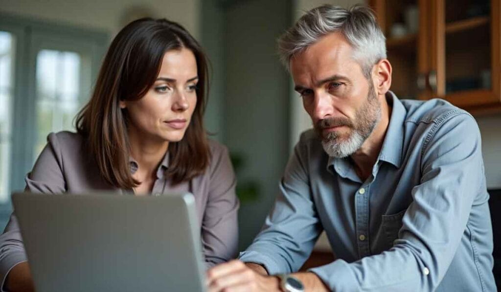 A man and a woman sit together at a table, attentively looking at a laptop in a home setting.