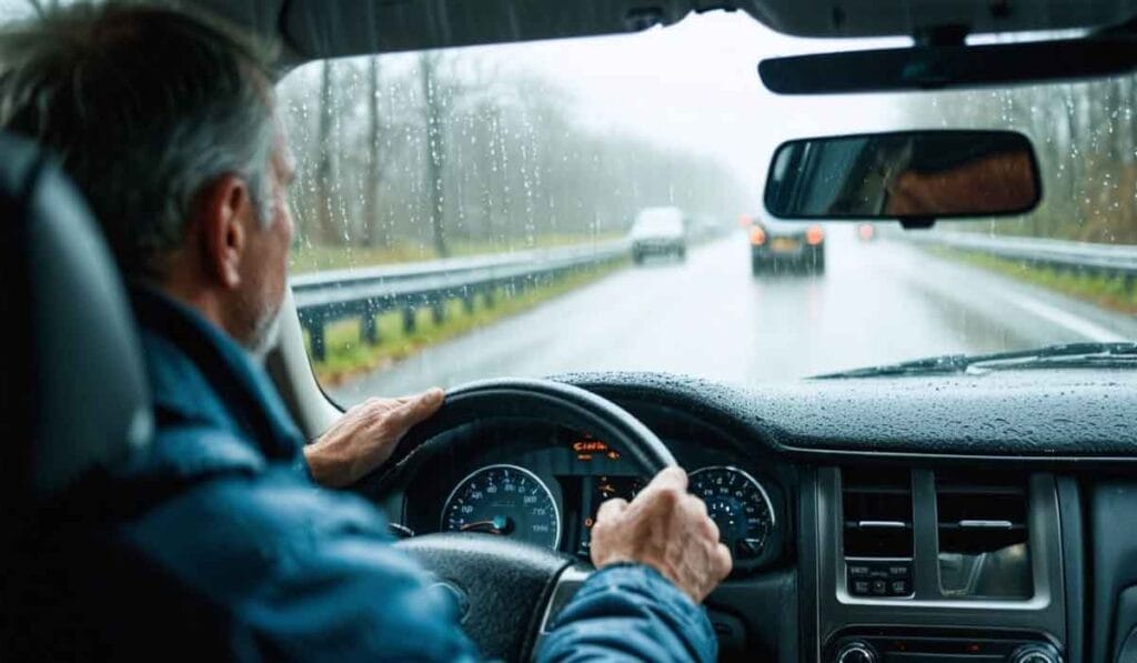 A person is driving a car on a rainy day. The view is from inside the car, showing the steering wheel, dashboard, and the wet road ahead. Several cars are visible in the distance.