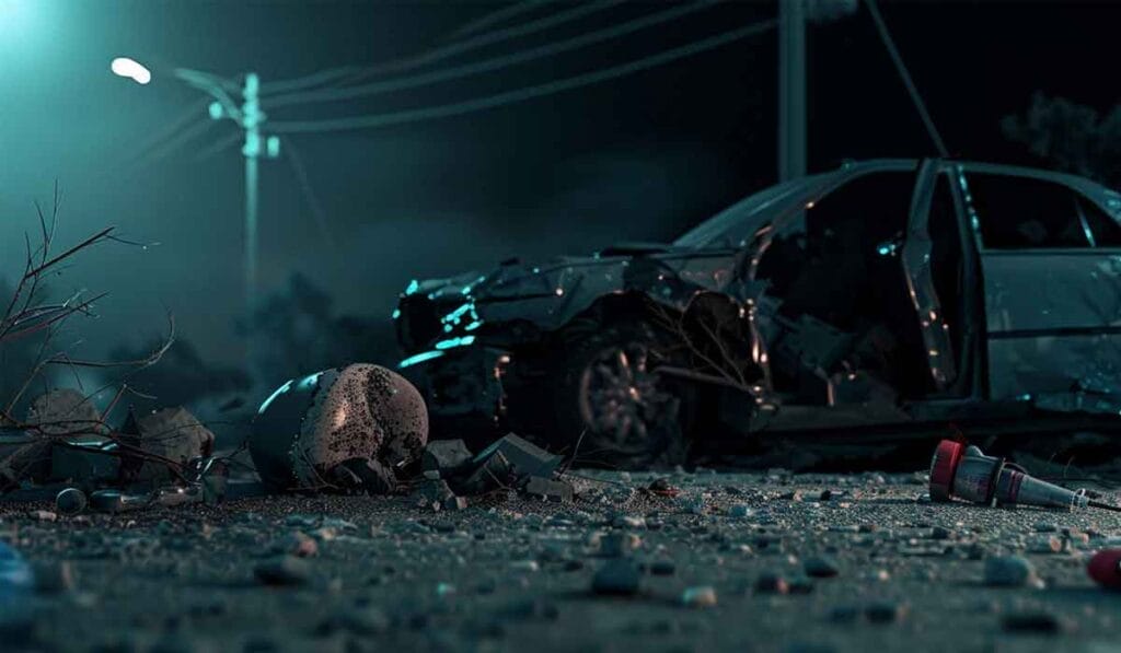 A damaged car with an open door is shown at night near debris, including a cracked helmet, on the ground under streetlights.