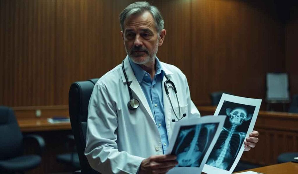 A doctor in a lab coat is in a courtroom holding X-ray images, showing them to an unseen audience.