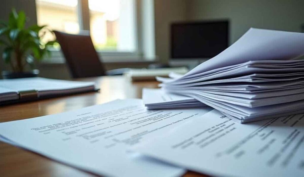 A stack of papers sits on a wooden desk, with more papers spread out. A computer monitor and a potted plant are in the background.