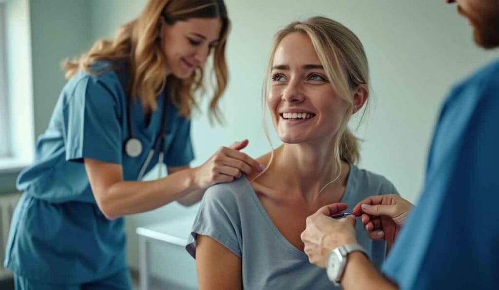 Two healthcare workers in scrubs assist a smiling patient wearing a gray t-shirt with a medical procedure in a clinical setting.