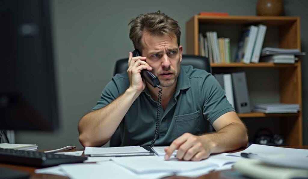 A man in a green polo shirt is on the phone at a cluttered desk filled with documents, pens, and books. He appears focused and concerned as he listens. Bookshelves are visible in the background.