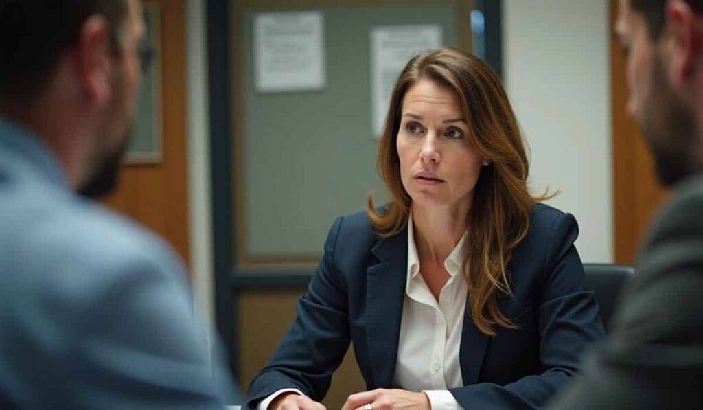 A woman in a business suit sits at a conference table, looking attentive while speaking with two men in the foreground.