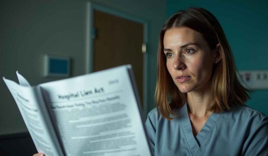 A woman in medical scrubs is intently reading a document titled "Hospital Law Act" in a well-lit room with a partially visible door in the background.