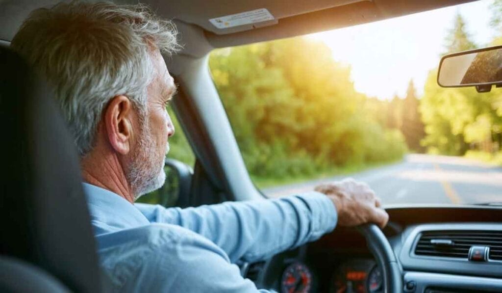 A man with gray hair is driving a car on a sunny day, looking straight ahead. Trees and greenery are visible outside the window.