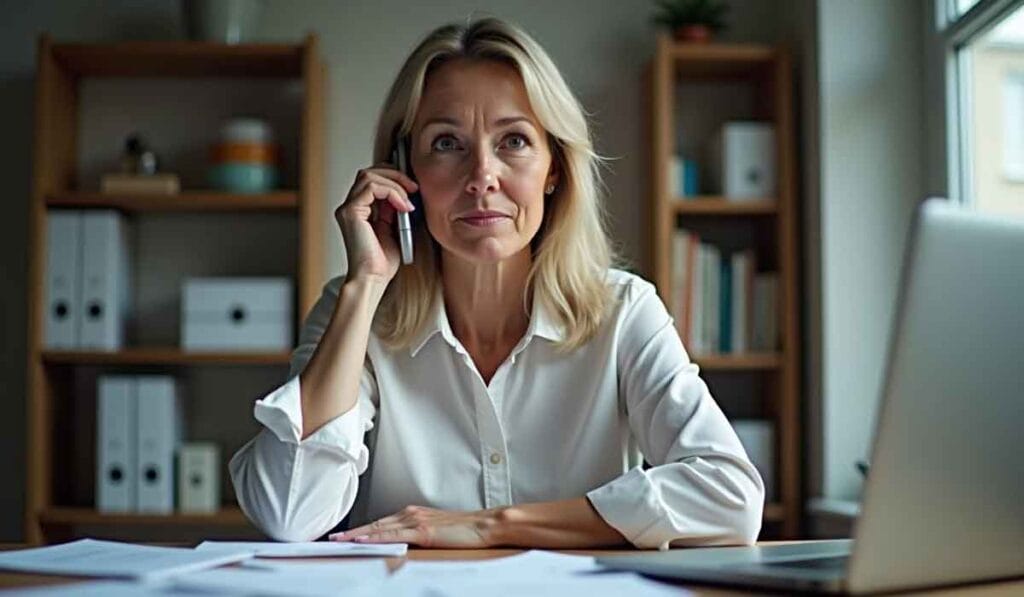 A woman with blonde hair sits at a desk with papers, talking on a phone, with shelves and a window in the background.