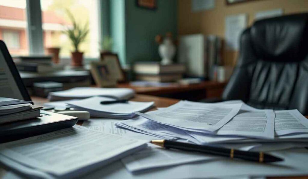 A cluttered desk with scattered papers, a pen, and a laptop in a home office. An empty leather chair, books, and a framed photo are visible in the background.