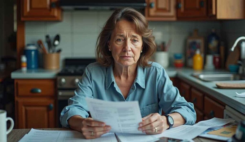 A woman with shoulder-length brown hair, wearing a blue shirt, sits at a kitchen table holding papers, with a concerned expression on her face. The kitchen has wooden cabinets and various utensils.