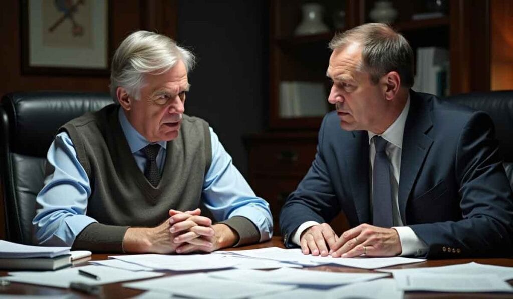 Two older men, one in a sweater vest and the other in a suit, are seated at a desk covered in papers, engaged in a serious conversation. Shelves and office items are visible in the background.