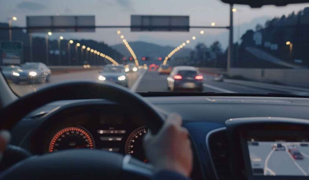 Driver's view from inside a car on a highway at dusk, with lighted overhead signs and several vehicles on the road, and a GPS screen visible on the dashboard.