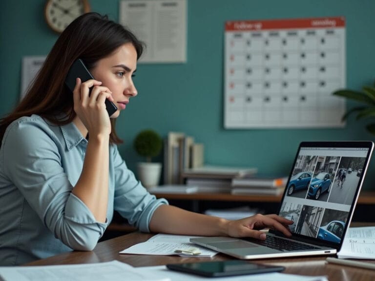 Una mujer habla por teléfono mientras trabaja con un ordenador portátil en un escritorio. La pantalla del portátil muestra imágenes de coches. Sobre el escritorio hay documentos y un teléfono inteligente. Al fondo se ven un calendario de pared y un reloj.