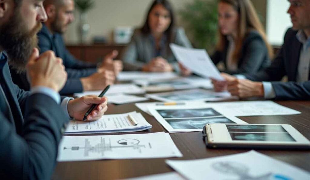 A group of people in formal attire having a meeting around a table cluttered with documents, papers, and a tablet.