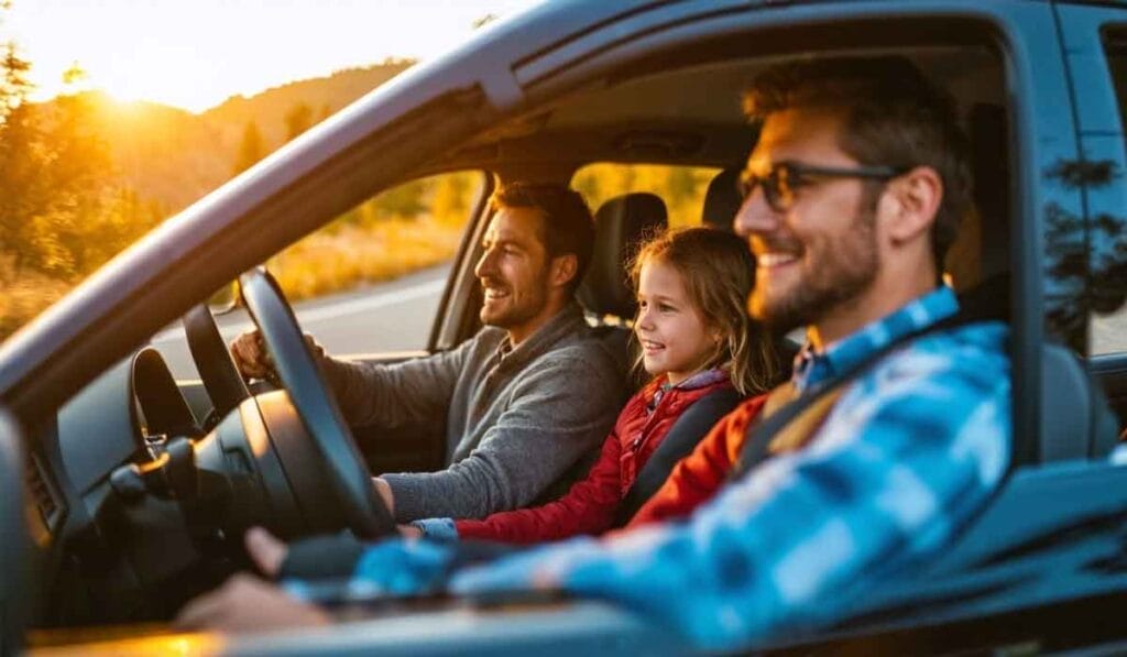 Three people, two adults and one child, enjoy a scenic drive in a car on a sunny day. The child is seated in the middle, while one adult is driving and the other is in the passenger seat.