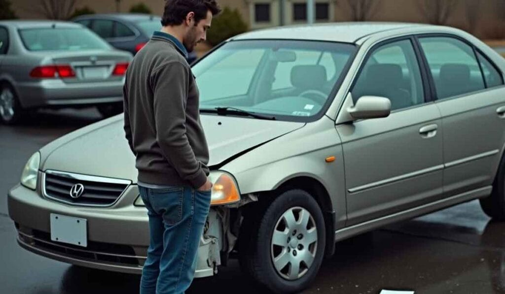 A man stands beside a silver car with a damaged front bumper in a parking lot. Another car is parked behind them. The ground is wet, indicating recent rain.