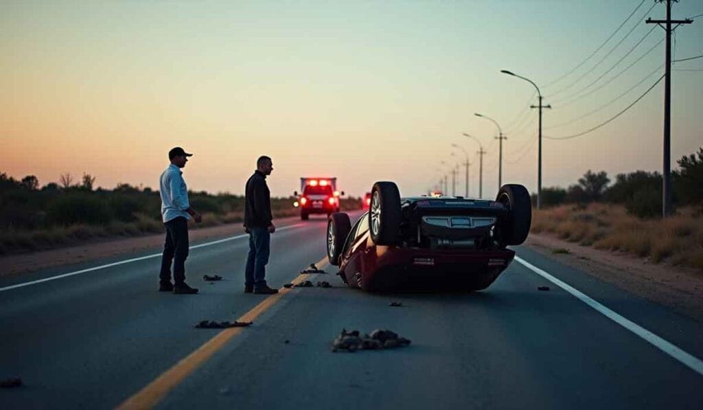 Two men stand near an overturned car on a rural road with scattered debris. Emergency vehicle approaching in the background.