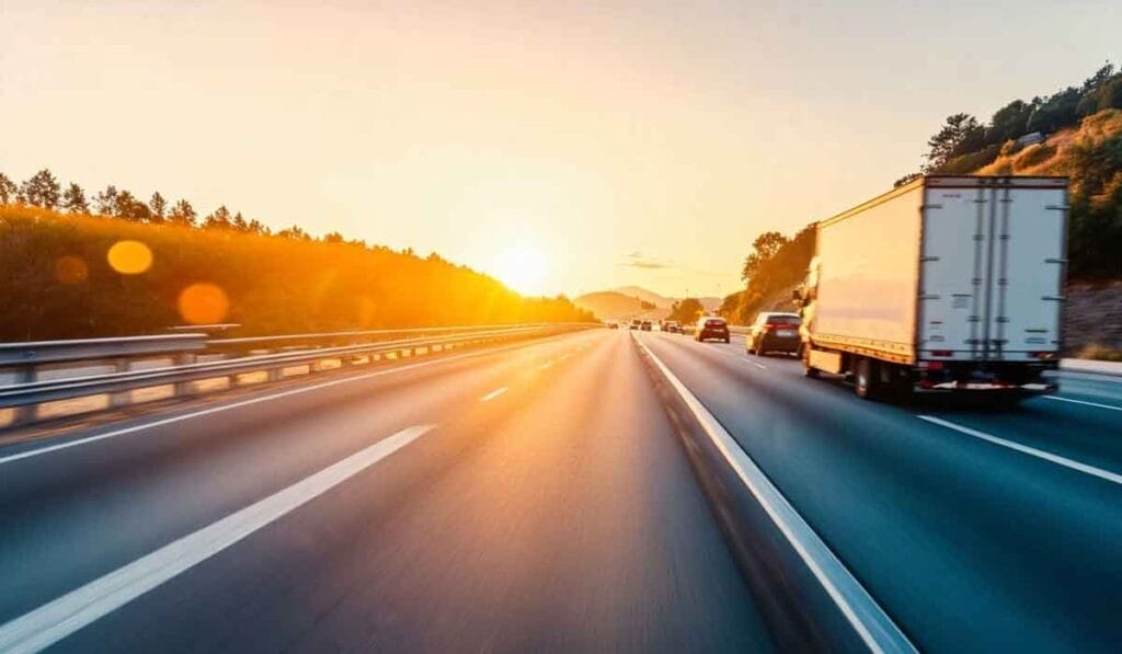 Cars and a truck drive on a highway at sunset. The road is bordered by trees and guardrails.