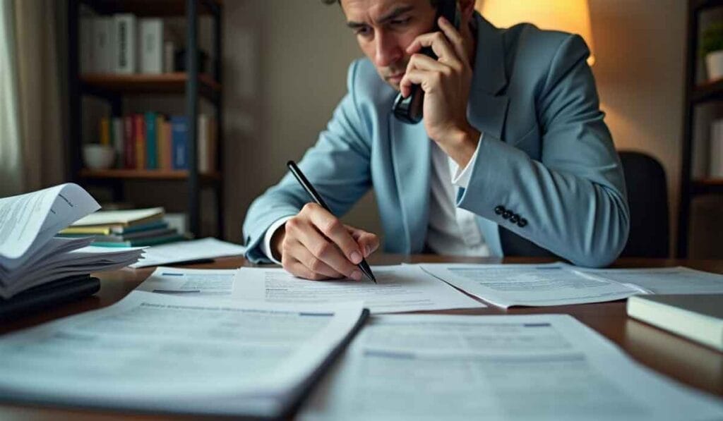 A person in a light blue suit is on the phone while writing on documents at a cluttered desk, with a bookshelf in the background.