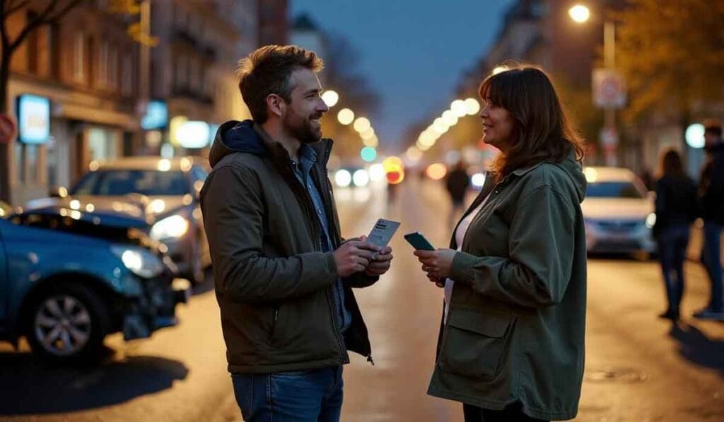 Two people stand on a street at night, holding cards and smiling at each other. Cars and streetlights are visible in the background.