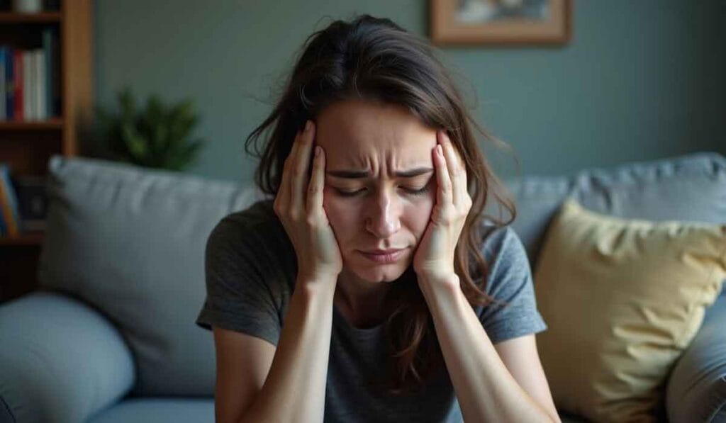 A woman sits on a couch, holding her head with both hands, looking stressed and upset.