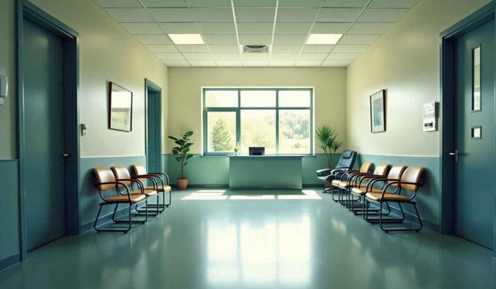 A well-lit waiting room with rows of empty chairs, a window letting in natural light, and potted plants on either side of a reception desk.