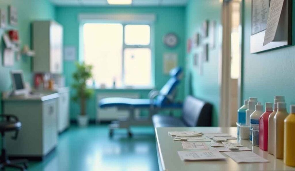 A well-lit medical examination room with various supplies on a counter, an examination table by a window, and medical equipment on shelves and cabinets.