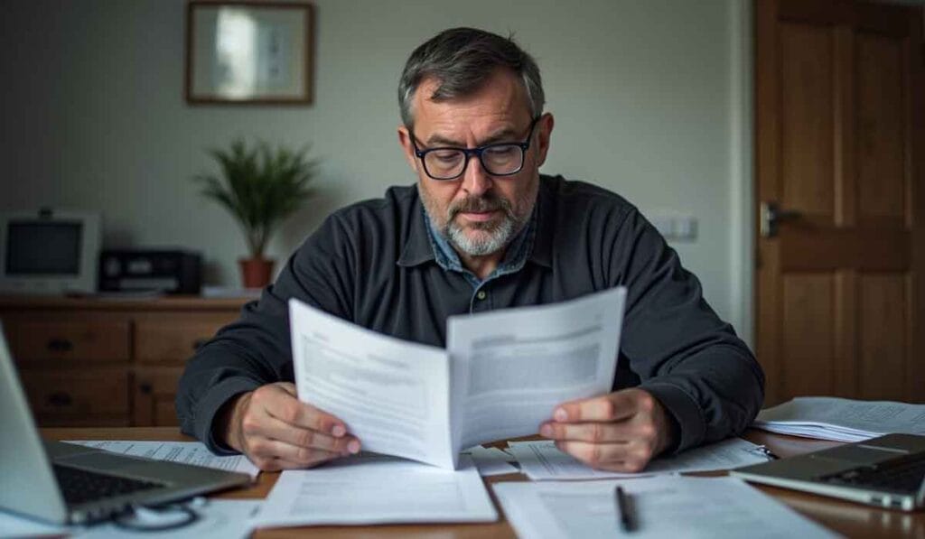 A man wearing glasses and a dark shirt sits at a desk, reading documents. The desk is cluttered with papers and laptops. A plant and framed pictures are in the background.