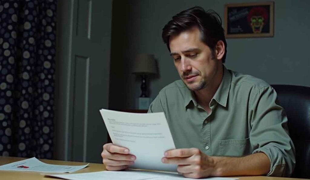 A man in a green shirt sits at a desk reading a document. Other papers and a lamp are visible on the desk. A colorful skull drawing is hanging on the wall behind him.