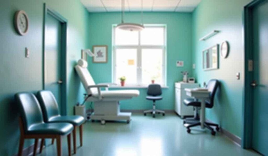 A clean, empty medical examination room with teal walls, an examination table, chairs, a desk, and a window letting in natural light.