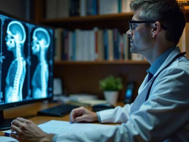 Un médico con bata blanca y gafas examina imágenes de rayos X del cerebro y la columna vertebral en un monitor de computadora en un consultorio poco iluminado. Al fondo se ven libros de medicina y una planta en maceta.