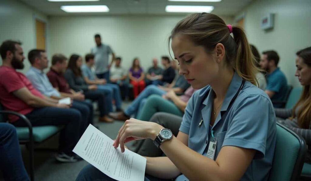 A seated female healthcare worker reads a paper in a crowded room filled with people waiting and conversing.