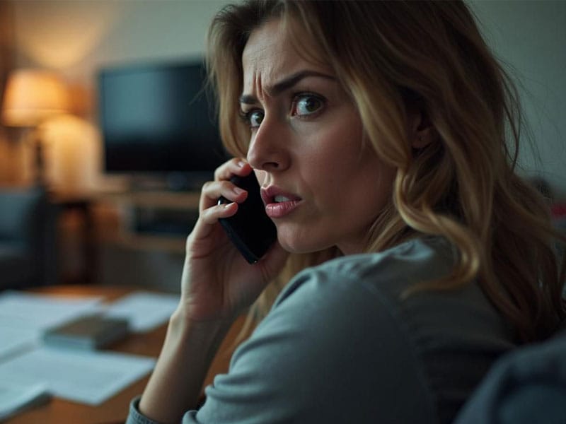 A woman with long hair, looking concerned, holds a phone to her ear while seated at a desk with papers and documents. A television and lamp are in the background.