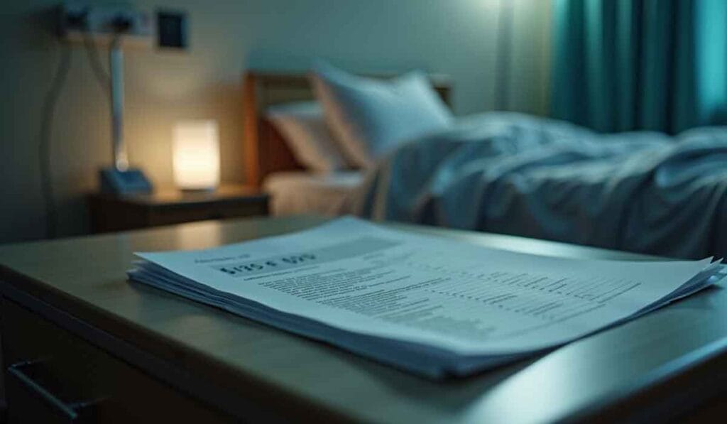 A stack of documents lies on a bedside table next to a lit lamp and a neatly made bed in a dimly lit room with green curtains.