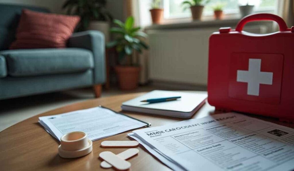 A first aid kit, medical forms, bandages, and medical tape are arranged on a wooden table in a living room with plants and a sofa in the background.