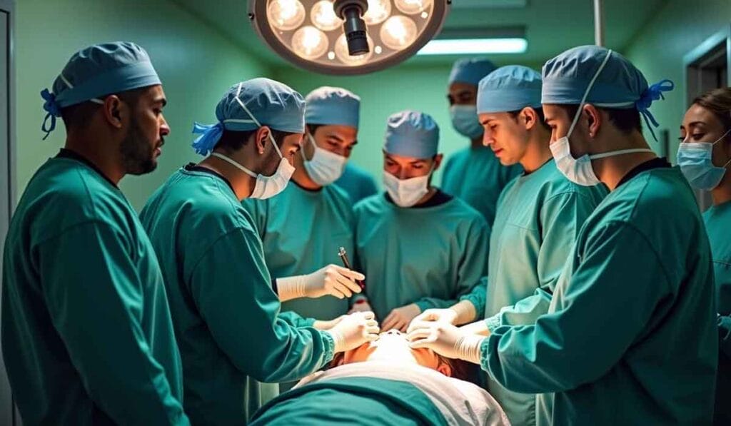 A team of surgeons and medical staff, dressed in green surgical scrubs and masks, performing an operation under a bright surgical light in an operating room.