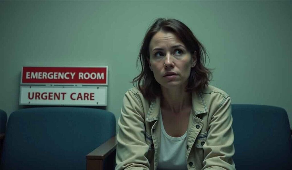 A woman sits in a waiting area with a concerned expression, next to signs reading "Emergency Room" and "Urgent Care.