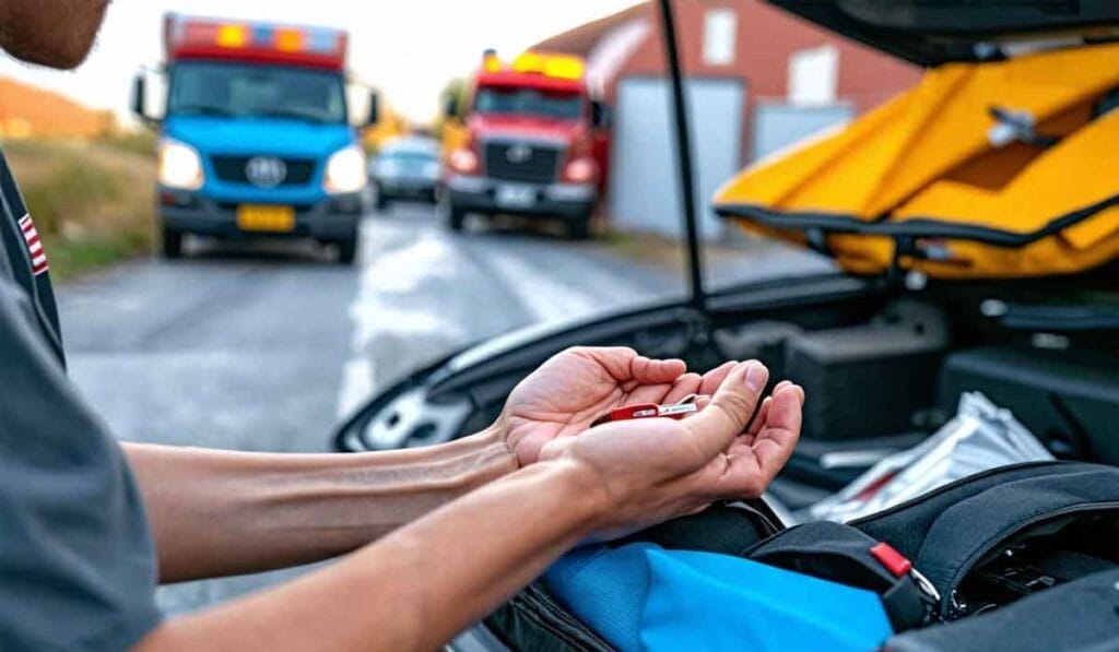 Hands holding car key in foreground, with emergency vehicles including an ambulance and a fire truck in the background on a road.