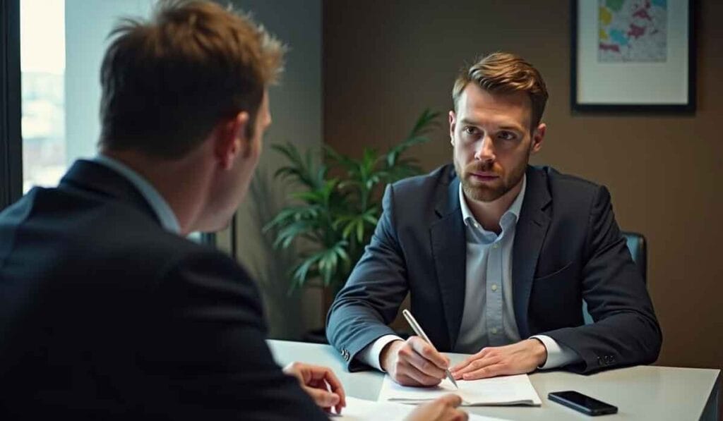 Two men in business attire sit across from each other at a desk, engaged in a serious conversation. One is writing notes while the other listens. A smartphone and plant are visible in the background.