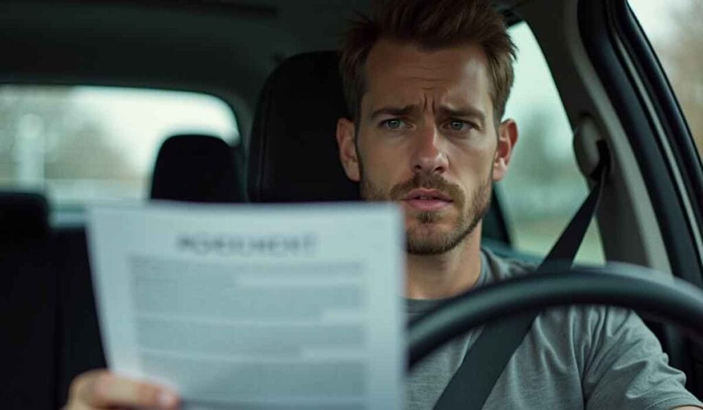 A man with a serious expression sits in a car holding and reading a document.