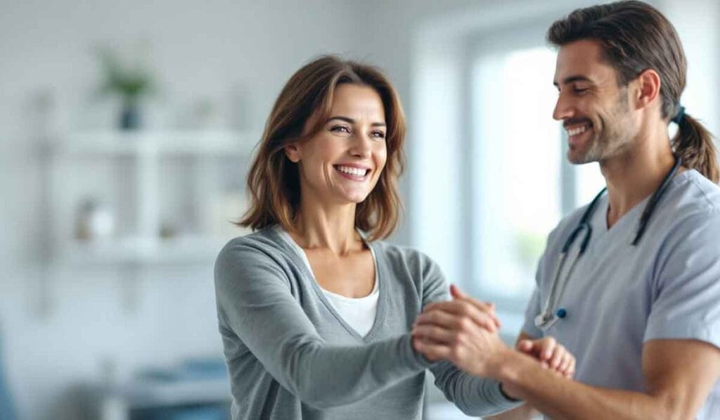 A woman smiles while holding hands with a male medical professional in a bright room.