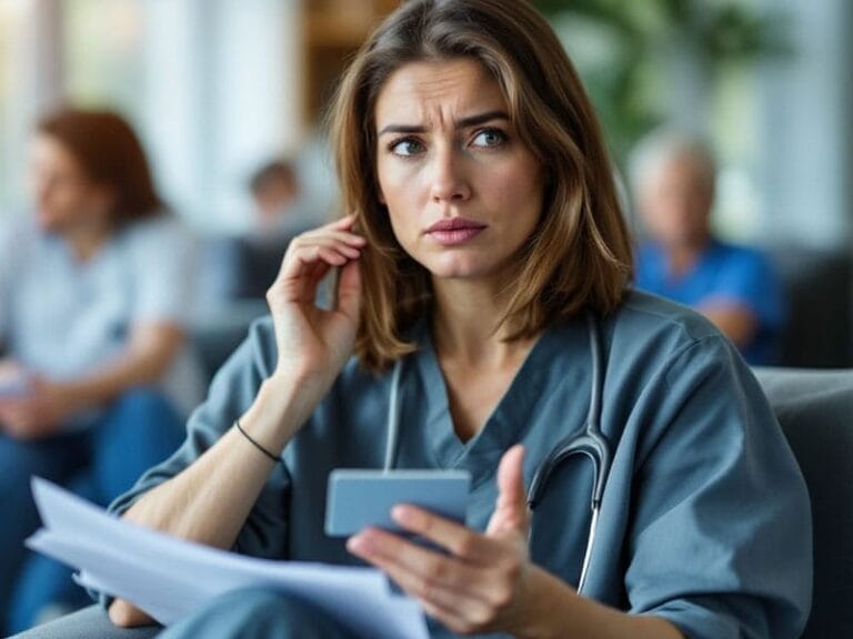 A healthcare professional in scrubs holds papers and a phone, looking concerned. Others are blurred in the background.