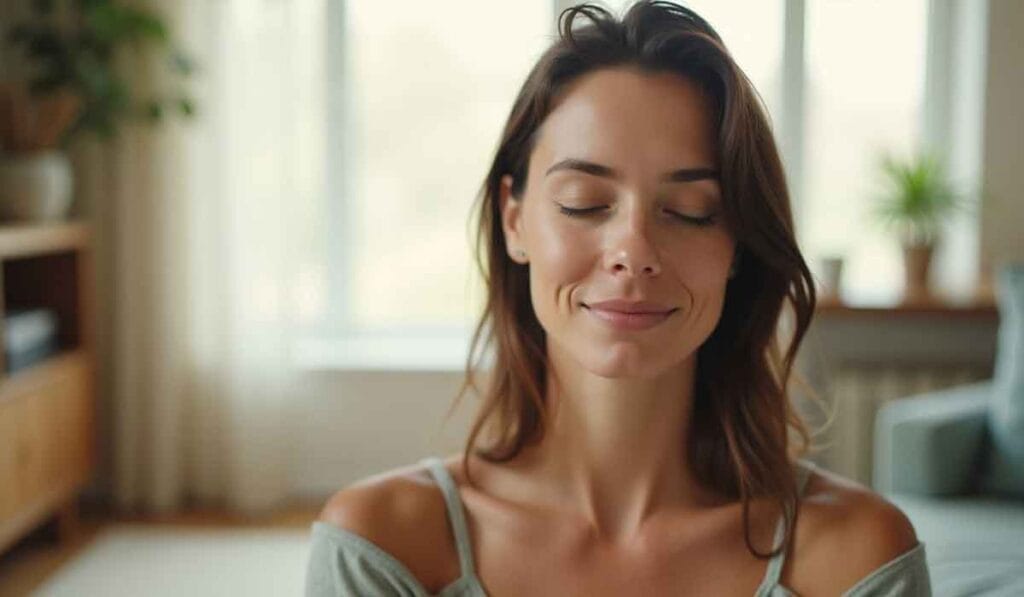 A woman with closed eyes and a slight smile sits in a peaceful indoor setting.