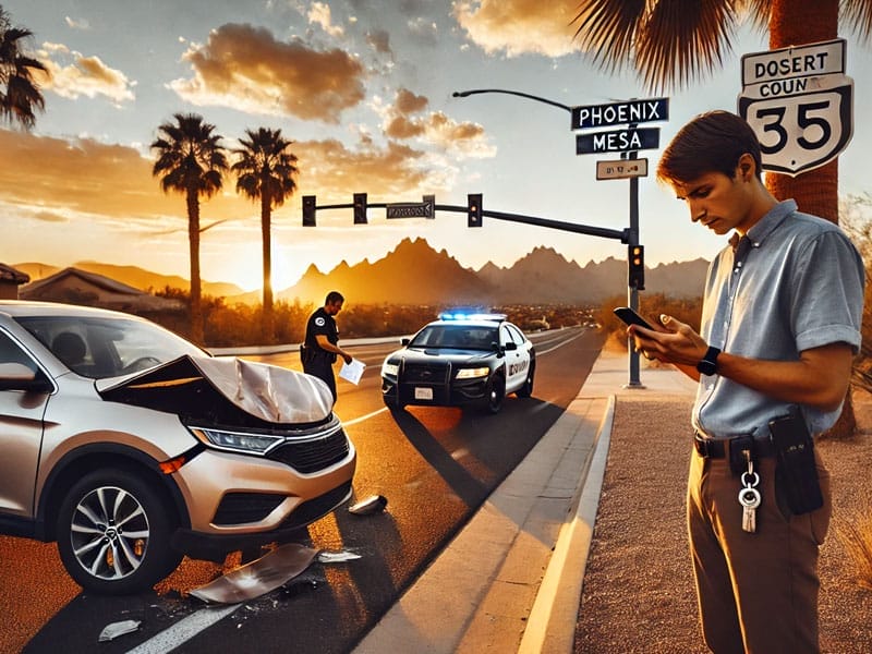 A car accident scene at a desert intersection during sunset. A damaged car is on the road as a police officer inspects the area. A man stands nearby using his phone.