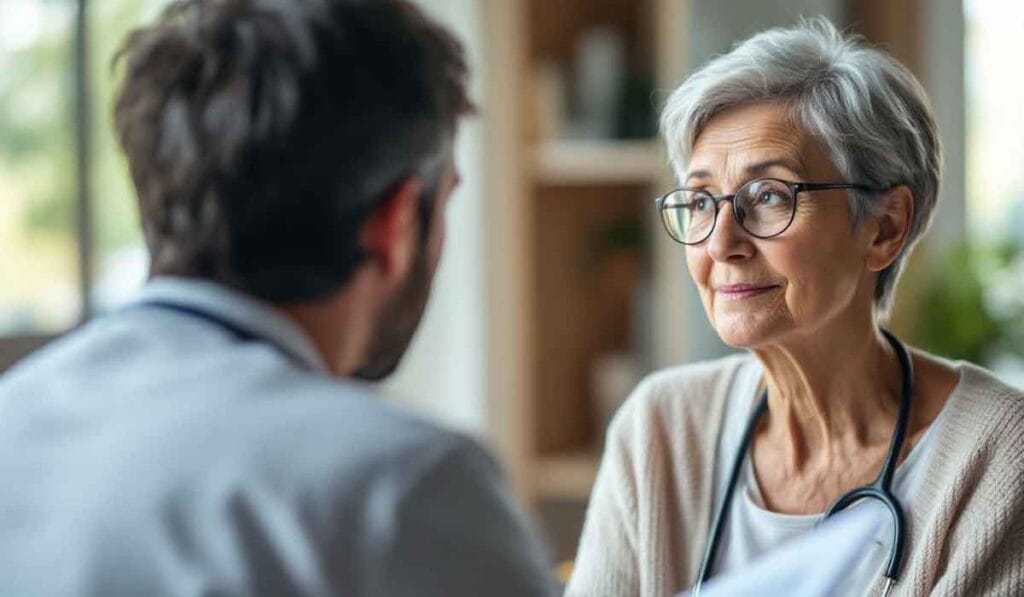 A doctor with glasses listens attentively to a patient. They are having a conversation in a medical office setting.