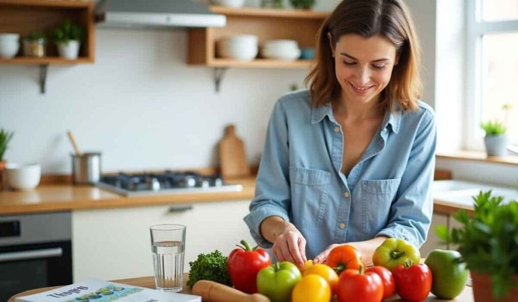 Woman chopping vegetables in a bright kitchen with a cutting board. Various colorful peppers and herbs are on the counter, with a glass of water nearby.