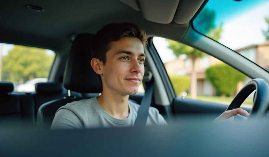 A person wearing a seatbelt is driving a car, looking ahead. Trees and buildings are visible through the windows.