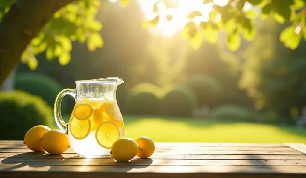 A glass pitcher of lemonade with lemon slices sits on a wooden table, surrounded by whole lemons, under dappled sunlight against a blurred green garden backdrop.