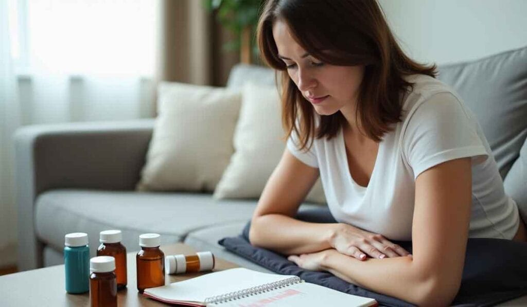 A woman sitting on a sofa looks at a notebook on a table with several medicine bottles.