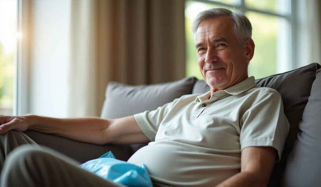 Older man sitting on a sofa, smiling, with a window in the background.